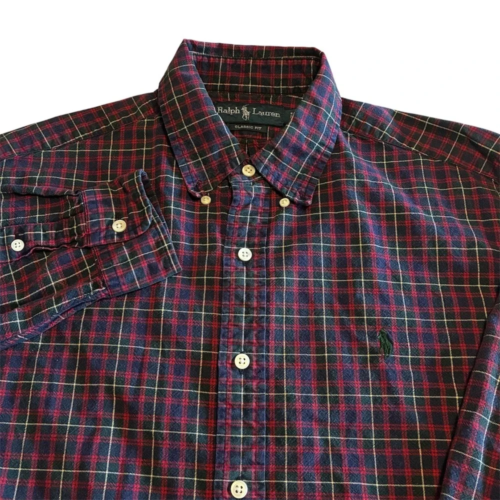 Ralph Lauren Mens Navy Red Plaid Button Down Shirt Classic Fit Large - Picture 1 of 6